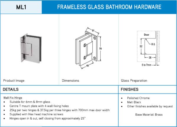 Modern/Elite 90° Glass to Wall Lightweight Shower Hinge (ML1/CMES1)