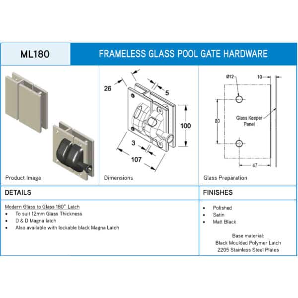 Modern 180° Glass to Glass Pool Gate Latch (ML180)