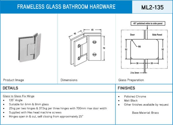Modern/Elite 135° Glass to Glass Lightweight Shower Hinge (ML2-135/CMES2.135)