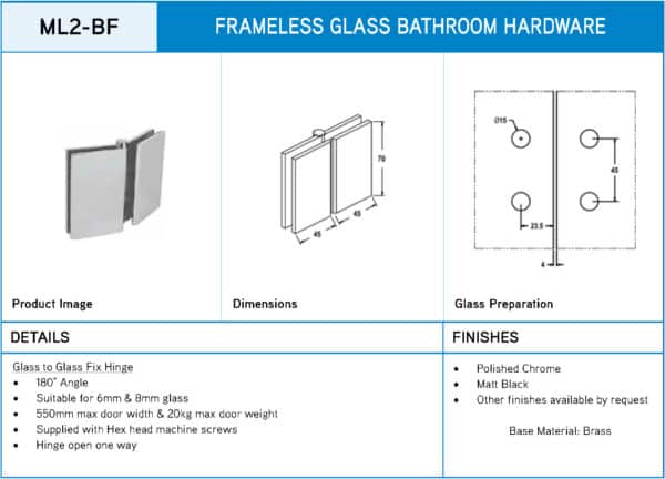 Modern/Elite 180° Glass to Glass Lightweight Bifold Shower Hinge (ML2-BF/CMES2.BF)