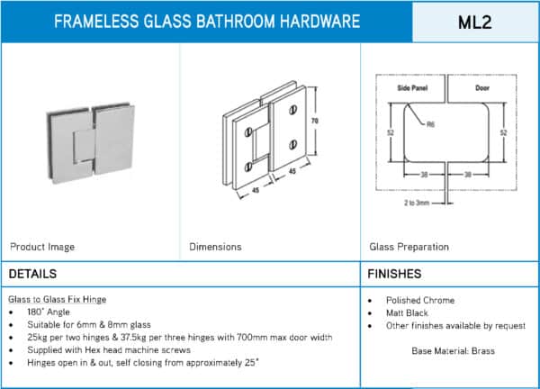 Modern/Elite 180° Glass to Glass Lightweight Shower Hinge (ML2/CMES2)