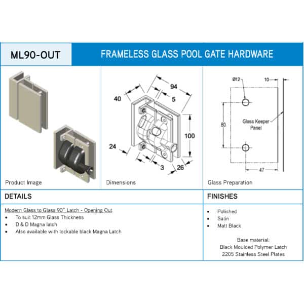 Modern 90° Glass to Glass Outswing Pool Gate Latch (ML90-OUT)