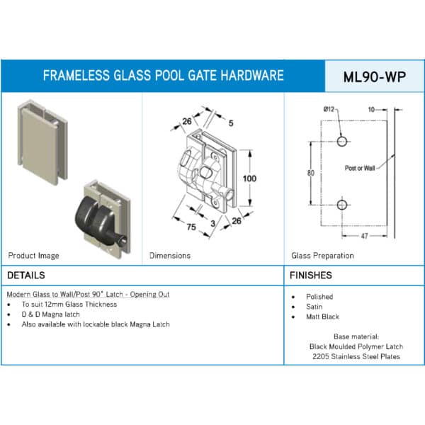 Modern 90° Glass to Wall/Square Post Pool Gate Latch (ML90-WP)