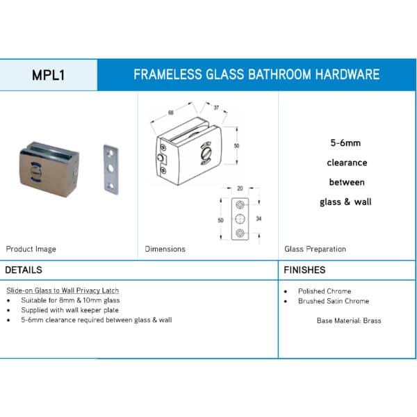 Modern Slide-On Glass to Wall Pivot Door Privacy Latch (MPL1)