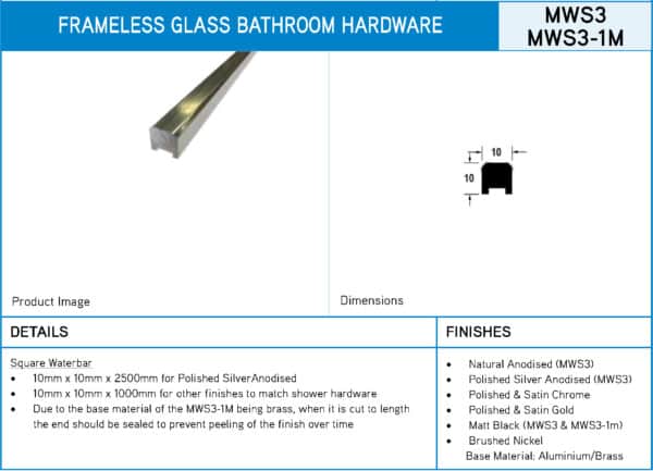 Modern Square Shower Waterbar (MWS3-1M)