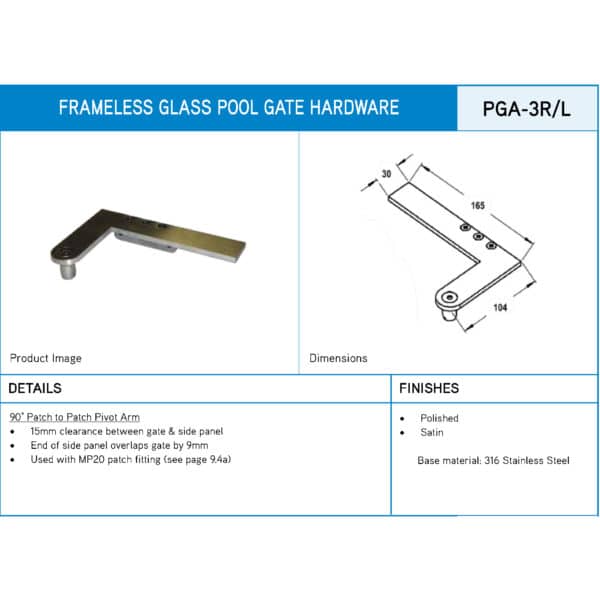 Modern 90° Righthand Patch to Patch Pool Gate Pivot Arm (PGA-3R)