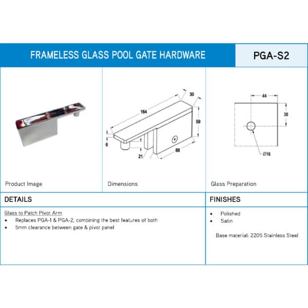 Modern Glass to Patch Pool Gate Pivot Arm (PGA-S2)