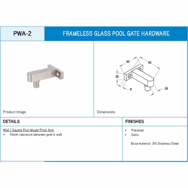 Modern Patch to Wall/Square Post Pool Gate Pivot Arm (PWA-2)