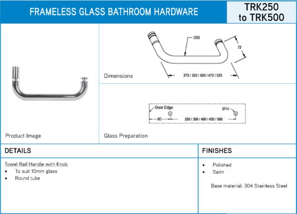 Modern/Elite Frameless Glass Towel Rail Handle with Knob & Button (TRK...)