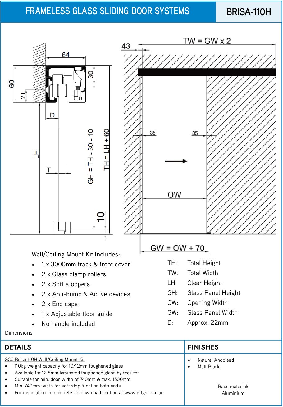 GCC Brisa 110H Sliding Glass Door - Ceiling/Wall Mount Kit - Image 8