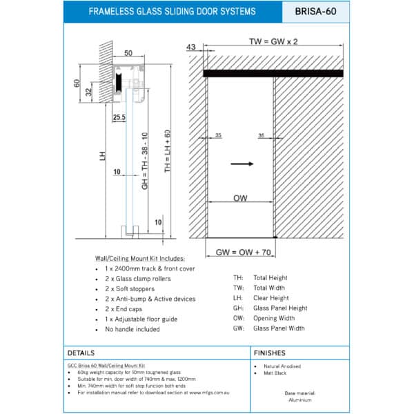 GCC Brisa 60 Sliding Glass Door - Ceiling/Wall Mount Kit