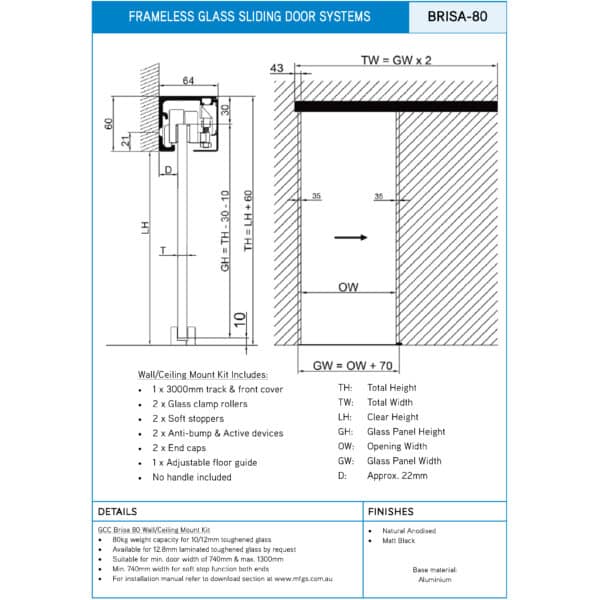 GCC Brisa 80 Sliding Glass Door Ceiling/Wall Mount Kit