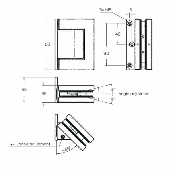 Casma Latus Glass to Wall Hydraulic Hinge with Offset Fixing Plate (CAS.4LL1S)