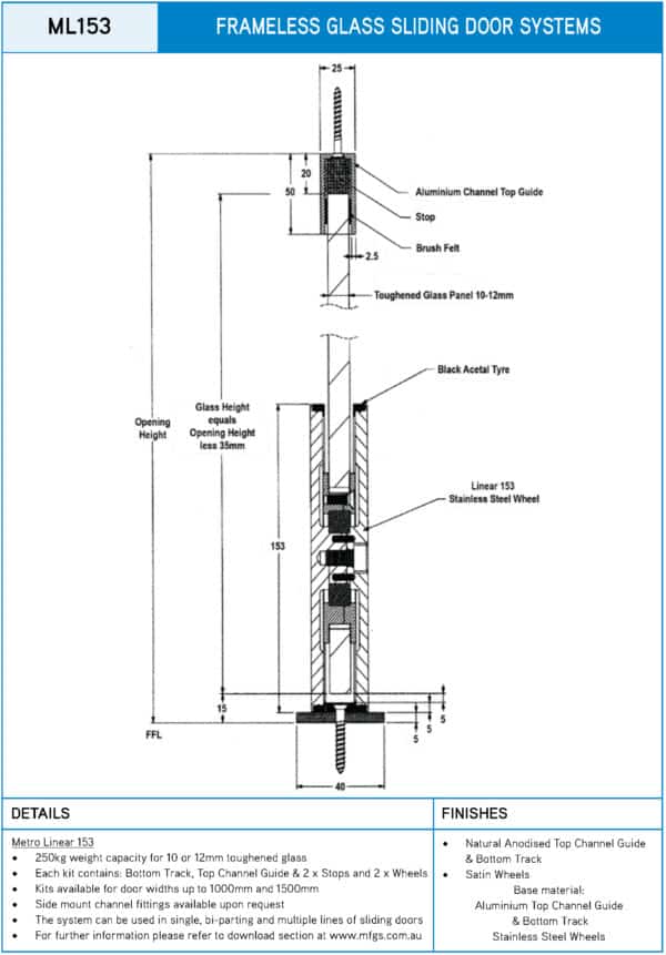 Modern Linear 153 Sliding Glass Door - Ceiling Mount Kit for One Door