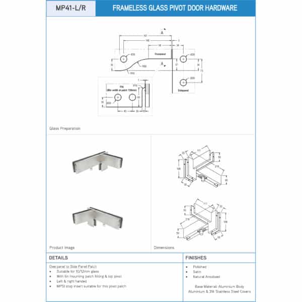 Modern Overpanel to Side Panel/Fin Mounting Patch Fitting with Pivot (MP41)