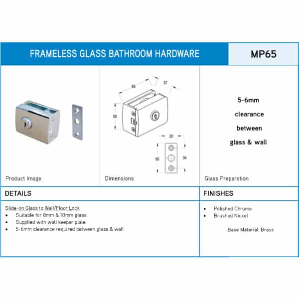 Modern Slide-On Glass to Wall/Floor Patch Lock (MP65)