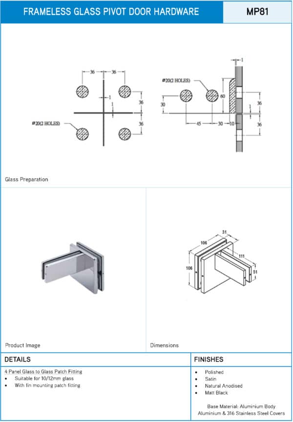 Modern 4 Panel Glass to Glass & Fin Mounting Patch Fitting (MP81)