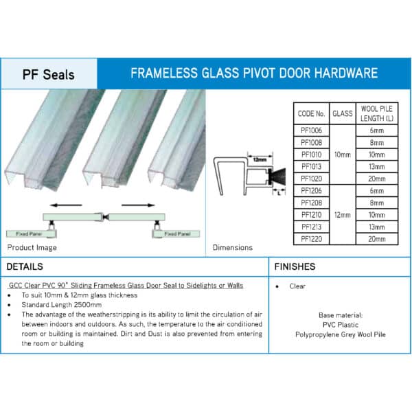 GCC Clear PVC 90° Sliding Frameless Glass Door Seal (PF1...)