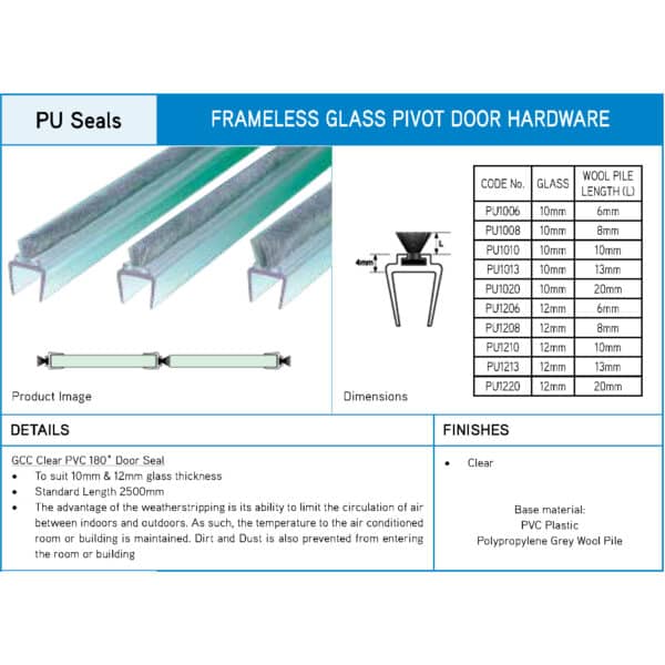 GCC Clear PVC 180° Frameless Glass Door Seal (PU1...)