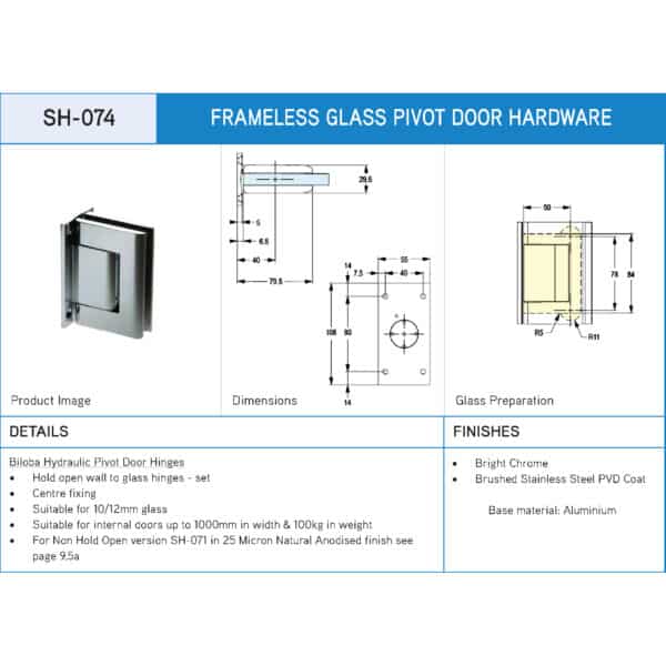 Biloba Hold Open Wall to Glass Hydraulic Hinge Set with Centre Fixing (19-SH/074)