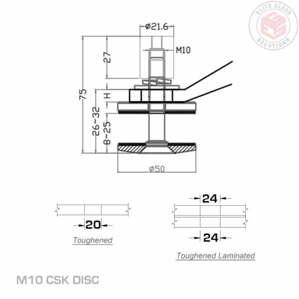 Elite Fixed M10 Countersunk Screw Fixing with Disc for Spider Fittings