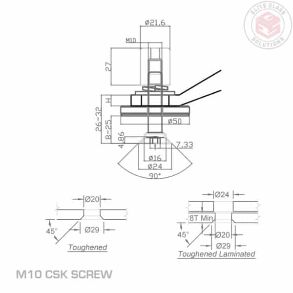 Elite Fixed M10 Countersunk Screw Fixing for Spider Fittings