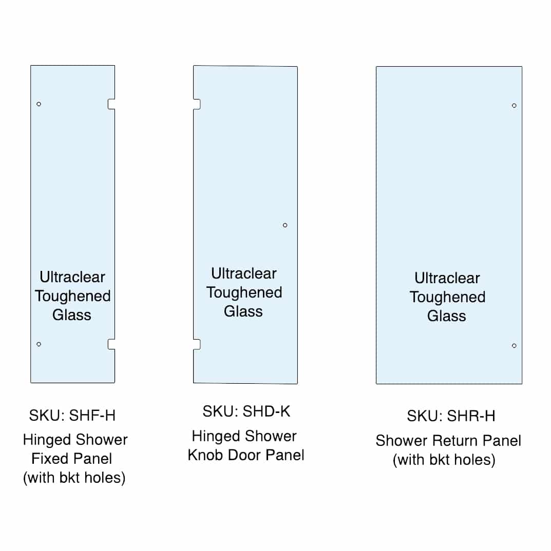 10mm Ultraclear Toughened Glass Hinged Shower Screen Panel Kit - Hinged (bracket holes), Door (knob) & Return (bracket holes)