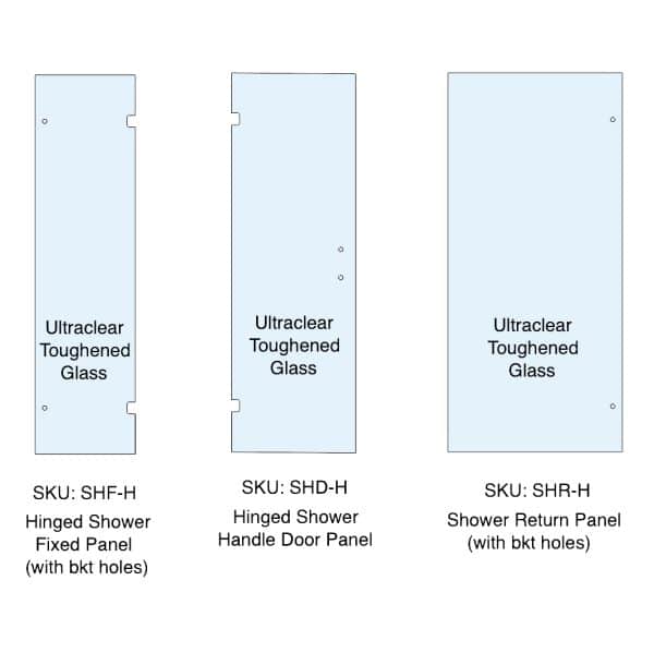 10mm Ultraclear Toughened Glass Hinged Shower Screen Panel Kit - Hinged (bracket holes), Door (handle) & Return (bracket holes)